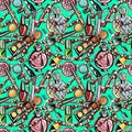 Seamless pattern. Bright scattered decorative cosmetics on a mint background. Perfume lipstick shadow brush beads woven