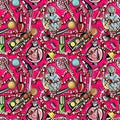 Seamless pattern. Bright scattered decorative cosmetics on a pink background. Perfume lipstick shadow brush beads woven