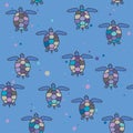 Seamless pattern with bright sea turtles. Vector illustration