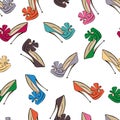 Seamless pattern of bright shoes with a stiletto bow. Design can be used for wallpaper