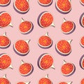 Seamless pattern with bright tasty slices of dates fruits figs on pink background