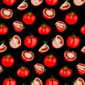 Seamless pattern of bright tomatoes whole and pieces Royalty Free Stock Photo