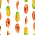 Seamless pattern of bright watercolor papaya. Isolated colorful illustration on white. Hand painted fruits