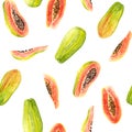 Seamless pattern of bright watercolor papaya. Isolated colorful illustration on white. Hand painted fruits