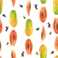 Seamless pattern of bright watercolor papaya with seeds. Isolated colorful illustration on white. Hand painted fruits