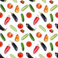 Seamless pattern bright whole and cut vegetables on white background isolated, tomato, cucumber, pepper, eggplant