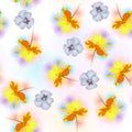 Seamless pattern with bright yellow cosmos flowers and blue pansies against rainbow spots. Print for fabric. Watercolor imitation