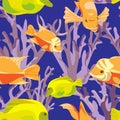 Seamless pattern of bright yellow , and orange tropical fish and delicate lilac coral blue background Royalty Free Stock Photo