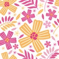 Seamless pattern of bright yellow and pink exotic flowers and leaves. Summer background flower meadow, garden, plants ,botanical. Royalty Free Stock Photo