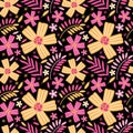 Seamless pattern of bright yellow and pink exotic flowers and leaves. Summer background flower meadow, garden, plants Royalty Free Stock Photo