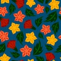 Seamless pattern of bright yellow, red stylized dope flowers with leaves on a dark blue background.