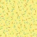 Seamless pattern bright yellow tasty vector donuts sprinkles background in cartoon style for menu in cafe and shop.