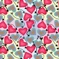 Seamless pattern of brink and parodies pink, red crayola, dark goldenrod, african violet, green sheen color heart with black color