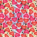 Seamless pattern of brink and parodies pink, red crayola, light coral, vermilion red cmyk color heart with black color arrow Royalty Free Stock Photo