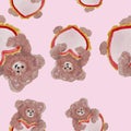 Seamless pattern with broen bears and pink hearts on pink background