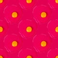 Seamless pattern of broken eggs on pink background, repeating ornament raw egg with yellow yolk on red backdrop, art Easter banner