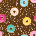 Seamless pattern brown bright tasty vector donuts and sprinkles background in cartoon style for menu in cafe and shop. Royalty Free Stock Photo