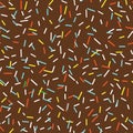 Seamless pattern brown bright tasty vector donuts sprinkles background in cartoon style for menu in cafe and shop. Royalty Free Stock Photo