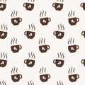 Seamless pattern with brown cups, vapor and coffee beans on beige background in flat style.