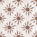 Seamless pattern with brown ethnic sun ornament. Light striped background. Weather artwork in simple style Royalty Free Stock Photo