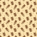Seamless pattern with brown gift boxes on beige background. Royalty Free Stock Photo