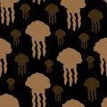 Seamless Pattern with Brown Jellyfish Silhouettes on Black Background Royalty Free Stock Photo