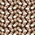 Seamless pattern with brown macadamia nuts in a shell on a dark background. Watercolor illustration. Cosmetics, food Royalty Free Stock Photo
