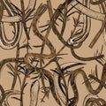 Seamless pattern with brown snakes and bamboo plants on brown background. pencil drawing. Print, fight, combat, traditional design