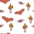 Seamless pattern: brown toadstool mushrooms, bat and spider on a white background. Flat vector.