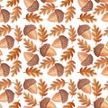 Seamless pattern with brown wizened oak leaves and acorns. Watercolor hand drawn illustration in realistic cartoon style. Concept Royalty Free Stock Photo