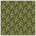 Seamless pattern of brown and yellow semi circle elements on marsh green background. Vintage Bauhaus style surface decoration for