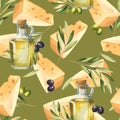 Seamless pattern with brunch of olives and cheese. Food background.