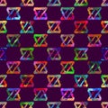 Seamless pattern brush colorful triangle. Rainbow color on violet background. Hand painted grange texture. Ink geometric