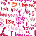 Seamless pattern with brush strokes and scribbles, hearts, words