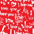 Seamless pattern with brush strokes and scribbles, hearts, words