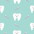 Seamless Pattern Brush Tooth health. Cute funny cartoon smiling character. Oral dental hygiene. Children teeth care. Baby