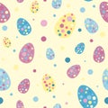 Seamless pattern with bubbles and fancy Easter eggs of different colors on yellow background. Cute