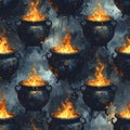 Seamless Pattern of Bubbling Cauldrons with Fiery Brew Royalty Free Stock Photo