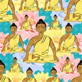 Seamless pattern Buddha sitting in the lotus Indian meditation c