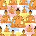 Seamless pattern Buddha sitting in the lotus Indian meditation c