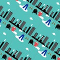 Vector seamless pattern with retro laundry over city