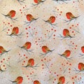 Seamless pattern with bullfinch birds on a beige background