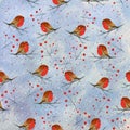 Seamless pattern with bullfinch birds on a blue background