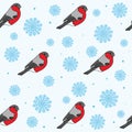 Seamless pattern with bullfinches and snowflakes on white background