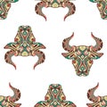 Seamless pattern with bulls in the form of mandalas. Design for wallpapers, textiles, websites, Christmas holidays