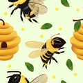 Seamless pattern with Bumble bee, beehive, honey bee, leaf. Pattern with insect for your design. 3d Vector illustration