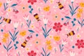 Seamless pattern with bumblebees and meadow spring flowers on a pink background. Vector graphics Royalty Free Stock Photo