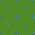 Seamless pattern bunch arugula salad on green background. Abstract ornament with blue lettuce
