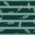 Seamless pattern bunch arugula salad on stripes teal background. Modern ornament with lettuce