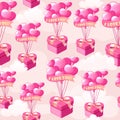 Seamless pattern bunch pink heart-shaped balloons with gift box for Valentines Day